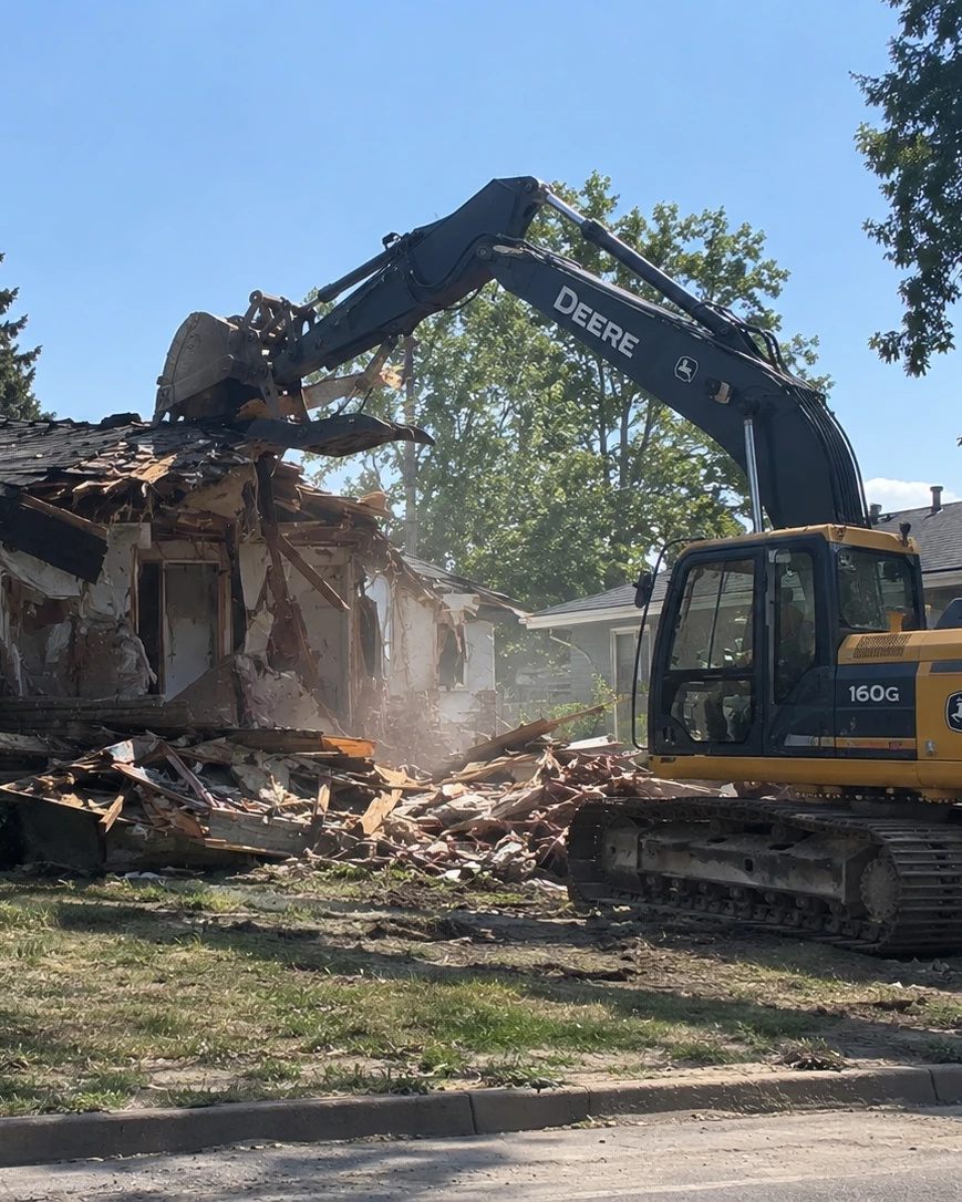 John Deere excavator pulling down the roof of a bungalow during a house demolition, with lumber debris in front