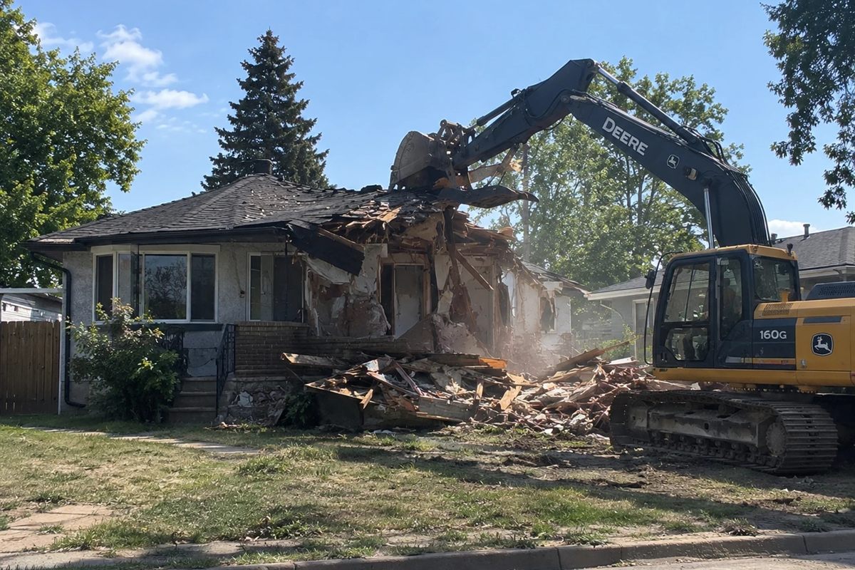 Excavator tearing the roof off a stucco bungalow during a residential house demolition, with wood-frame debris piled in the yard