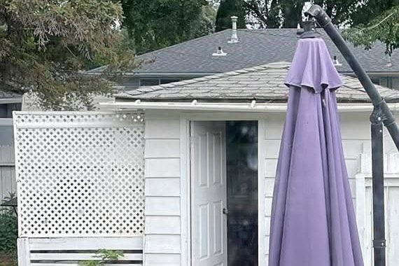 White wooden backyard shed before removal by Demolition King Group